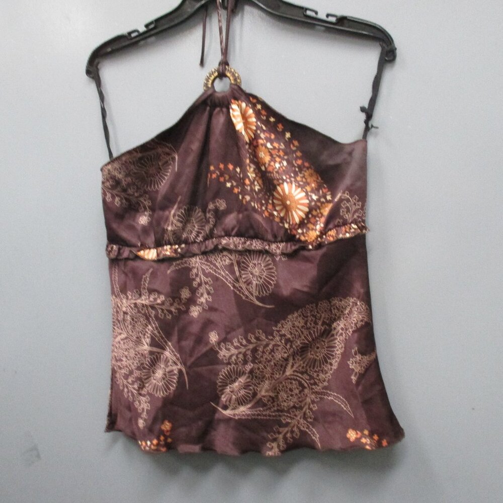 Misope USA Women's Top Size L Brown With Flower Print Neck Tie Off Shoulder Top